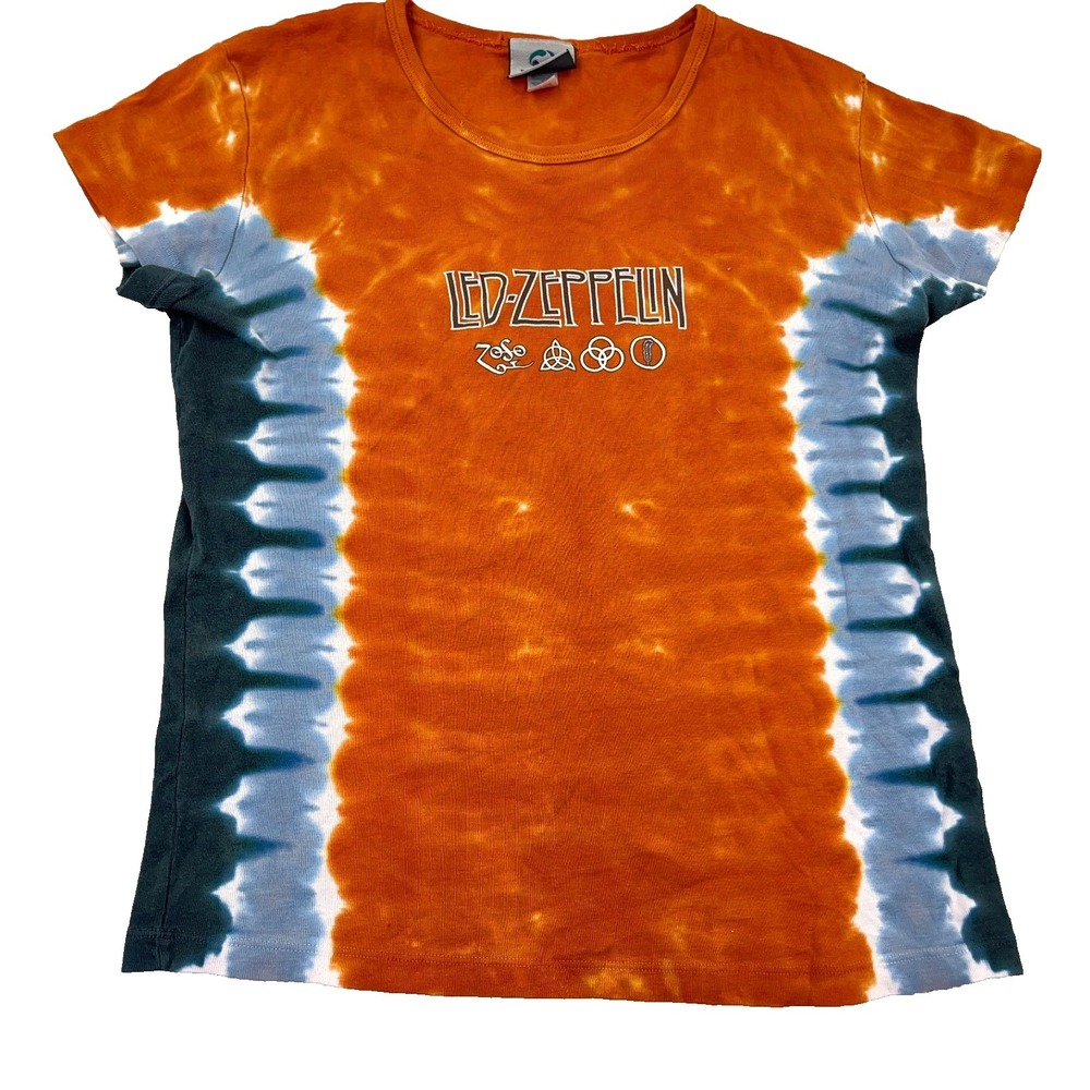 Vintage Y2K Led Zeppelin Shirt Women XL Orange‎ Liquid Blue Tie Dye Band Tee